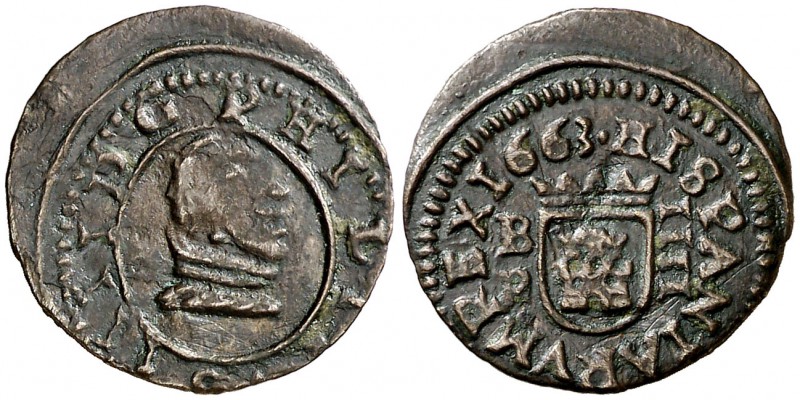 1663. Felipe IV. Burgos. R. 4 maravedís. (Cal. 1270 var) (J.S. falta). 1,06 g. S...