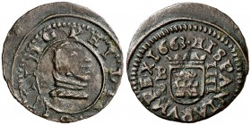 1663. Felipe IV. Burgos. R. 4 maravedís. (Cal. 1270 var) (J.S. falta). 1,06 g. Sin puntuación en anverso. MBC.