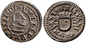 1663. Felipe IV. Burgos. R. 4 maravedís. (Cal. 1270 var) (J.S. falta) (López falta). 0,84 g. Un punto en lugar del castillo en el reverso. Rarísima. Ú...