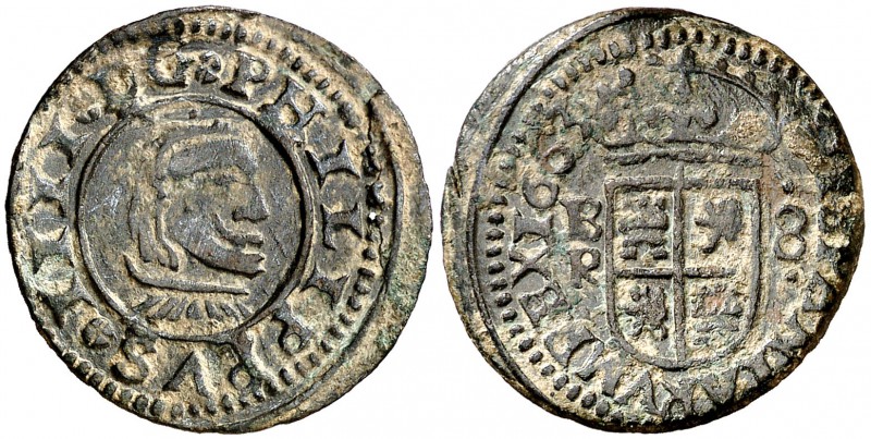 1663. Felipe IV. Burgos. R. 8 maravedís. (Cal. 1260). 2,40 g. Algo alabeada. MBC...