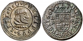 1663. Felipe IV. Burgos. R. 16 maravedís. (Cal. 1249). 3,94 g. Bella. Ex Áureo 30/06/1993, nº 331. Escasa así. EBC.