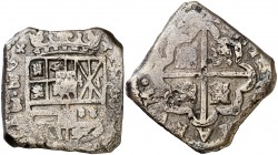 (16)51. Felipe IV. Burgos. . 8 reales. (Cal. 250, indica rarísima, sin precio). 27,75 g. Cospel cuadrado. Ex Áureo 29/10/1992, nº 288. MBC-.