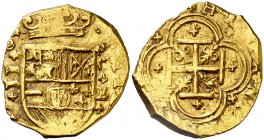 (16)34. Felipe IV. Cartagena de Indias. E. 2 escudos. Inédita. 6,54 g. Cruces fuera y dentro de los ángulos lobulares. En el volumen VII de la Colecci...