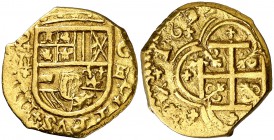 1635. Felipe IV. Cartagena de Indias. E. 2 escudos. (Cal. 137) (Tauler 122) (Restrepo M52-27 var). 6,76 g. Cruces fuera y dentro de los ángulos lobula...