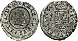 1664. Felipe IV. Córdoba. TC. 16 maravedís. (Cal. 1286). 4,11 g. Pátina verde. Buen ejemplar. MBC+.