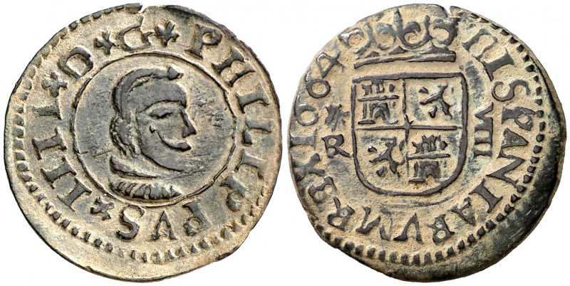 1664. Felipe IV. Coruña. R. 8 maravedís. (Cal. 1306) (J.S. M-158 var). 2,15 g. L...
