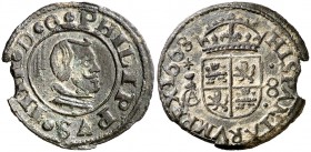 1663. Felipe IV. Cuenca. . 8 maravedís. (Cal. tipo 299, error de fecha) (J.S. M-206). 2,45 g. Defecto de cospel. Ex Áureo 20/09/2001, nº 1228. (MBC+)....