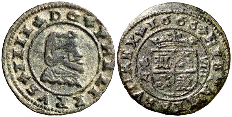 1663. Felipe IV. Granada. N. 8 maravedís. (Cal. 1364). 1,53 g. Bella. Escasa así...