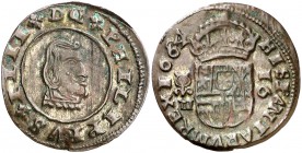 1664. Felipe IV. Granada. N. 16 maravedís. (Cal. 1354). 4,44 g. El segundo 6 de la fecha rectificado sobre otro número. Conserva parte del plateado or...