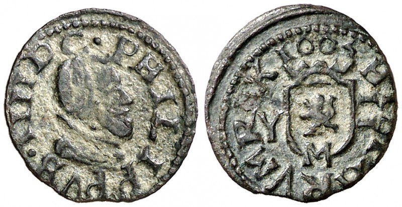 1663. Felipe IV. M (Madrid). Y. 2 maravedís. (Cal. 1459). 0,58 g. Bella. Ex Áure...