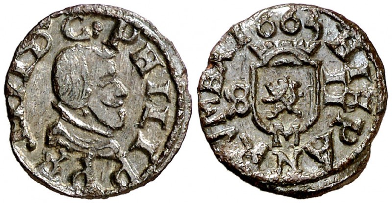 1663. Felipe IV. M (Madrid). S. 2 maravedís. (Cal. 1460). 0,46 g. Bella. Rara y ...