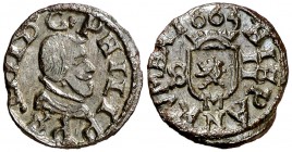 1663. Felipe IV. M (Madrid). S. 2 maravedís. (Cal. 1460). 0,46 g. Bella. Rara y más así. EBC+.