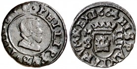 1664/3. Felipe IV. M (Madrid). S. 4 maravedís. (Cal. 1450 var) (J.S. M-455). 0,77 g. Ex Áureo 30/06/1993, nº 322. MBC+.