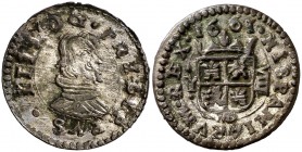 1661. Felipe IV. (Madrid). Y. 8 maravedís. (Cal. 1420) (J.S. M-300). 2,05 g. Orla lineal en reverso. Conserva el plateado original. Rara así. EBC.