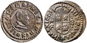 1663. Felipe IV. M (Madrid). S. 8 maravedís. (Cal. 1431). 1,93 g. Atractiva. Escasa así. EBC-.