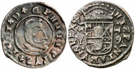 661 (sic). Felipe IV. M (Madrid). Y. 16 maravedís. (J.S. pág. 441). 1,80 g. Falsa de época muy curiosa con las S invertidas y el 6 del valor tumbado. ...