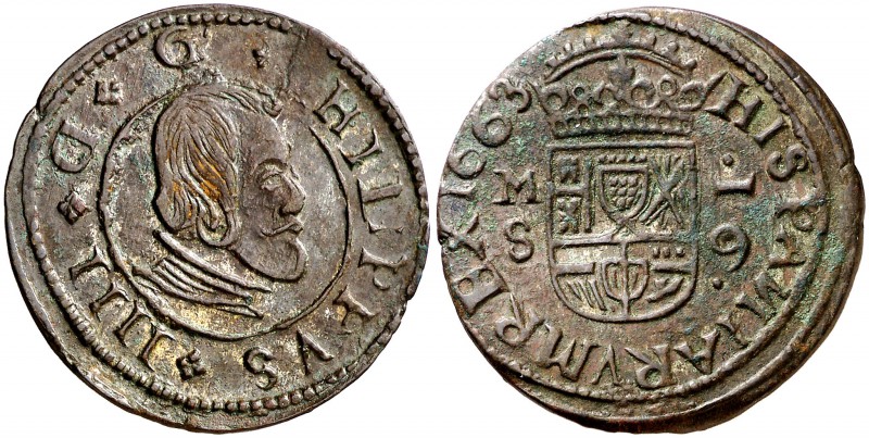 1663. Felipe IV. M (Madrid). S. 16 maravedís. (Cal. 1399) (J.S. falta). 4,76 g. ...