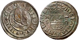 1663. Felipe IV. M (Madrid). S. 16 maravedís. (Cal. 1399) (J.S. falta). 4,76 g. Letra D girada. Atractiva. Ex Áureo 29/10/1991, nº 2331. EBC-/EBC.