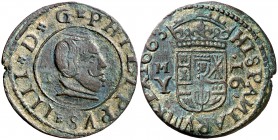 1663. Felipe IV. M (Madrid). Y. 16 maravedís. (Cal. 1402) (J.S. M-406). 4,19 g. Dos puntos sobre el escudo. Pátina verde. MBC/MBC+.