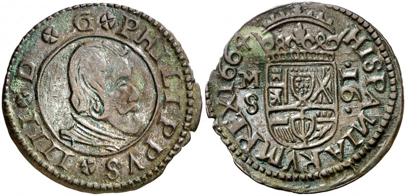 1664. Felipe IV. M (Madrid). S. 16 maravedís. (Cal. 1405) (J.S. M-389). 4,40 g. ...