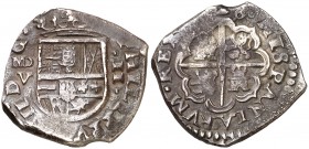 (16)28/7. Felipe IV. (Madrid). V. 2 reales. (Cal. 843 var). 6,62 g. Pátina. Buen ejemplar. Ex Áureo 08/05/2001, nº 2468. Rara. MBC+.