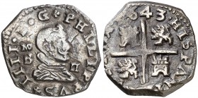 1643. Felipe IV. (Madrid). B. 2 reales. (Cal. 852). 5,36 g. Buen ejemplar. Ex Áureo 29/10/1992, nº 279. Rara. MBC+.