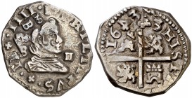 163 (sic) Felipe IV. (Madrid). B. 2 reales. (Cal. 852 var). 5,35 g. Curiosa doble acuñación en ambas caras, con doble ceca y ensayador, y fecha 1633. ...