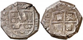 1650/49. Felipe IV. (Madrid). A/IB. 4 reales. (Cal. falta, indica otra rectificación de ensayador). 13,73 g. Ex Áureo 01/07/1997, nº 243. Muy rara. MB...