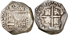 1639. Felipe IV. (Madrid). BI. 8 reales. (Cal. 274). 25,04 g. Vano en reverso. Buen ejemplar. Rara y más así. MBC+.