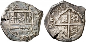 1644. Felipe IV. (Madrid). B. 8 reales. (Cal. 286). 23 g. La leyenda del reverso comienza a las 2h del reloj. Leve grieta. Pátina azulada. Rara y más ...