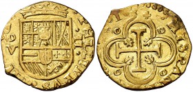 1637. Felipe IV. (Madrid). V. 2 escudos. (Cal. falta) (Tauler falta). 6,70 g. No figuraba ningún ejemplar de 2 escudos de esta ceca en la Colección Ca...