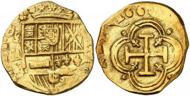 1660. Felipe IV. (Madrid). A/R. 4 escudos. (Cal. 102) (Tauler 48, mismo ejemplar). 13,62 g. Ex Áureo 01/03/1995, nº 472. Muy rara. MBC.