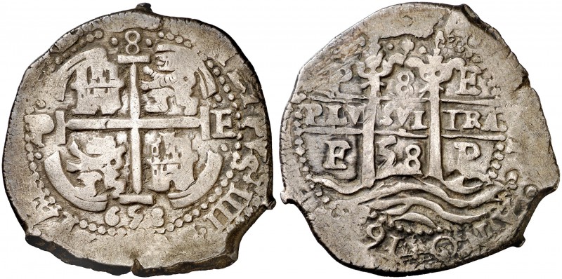 1658. Felipe IV. Potosí. E. 8 reales. (Cal. 446). 26,21 g. Triple fecha, una par...