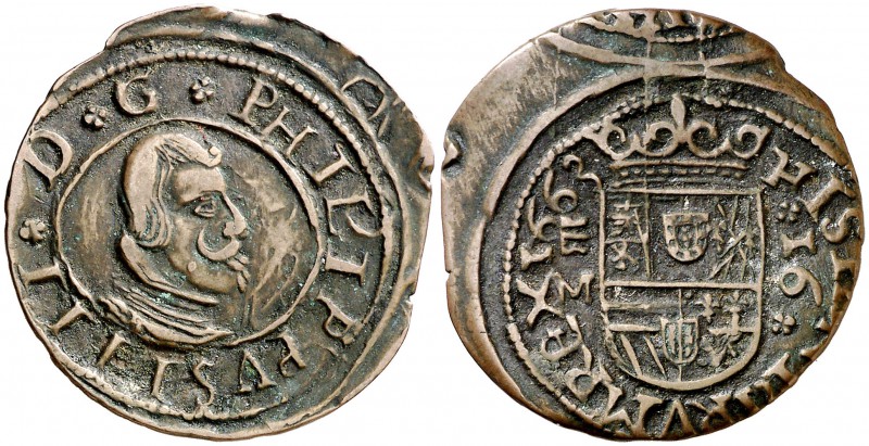 1663. Felipe IV. Valladolid. M. 16 maravedís. (J.S. pág. 502). 4,26 g. Falsa de ...