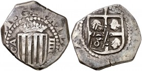 (1651). Felipe IV. Zaragoza. 4 reales. (Kr. falta) (Gomes 03.01). 11,88 g. Contramarca 300 en cartela (De Mey 403) para circular por Brasil, muy rara ...