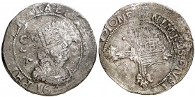 1641. Felipe IV. Cagliari. 10 reales. (Vti. 367) (MIR. 68). 26,63 g. Acuñada sobre un real de a 8 de Segovia, ensayador P (1630 ó 1631). Ex Colección ...