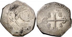 (164)3. Felipe IV. Cagliari. 10 reales. (Vti. falta) (MIR. 69/1). 27,25 g. Visibles las cuatro cabezas sarracenas. Ex Áureo 16/10/2001, nº 865. Rara. ...