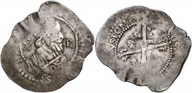 1653. Felipe IV. Cagliari. 10 reales. (Vti. 375) (MIR. 69/4 var). 25,58 g. Acuñada sobre un real de a 8 de México. Nunca habíamos visto las cabezas sa...
