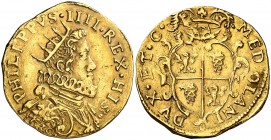 1630. Felipe IV. Milán. Doble doppia / quadrupla. (Vti. 33) (MIR. 359/6). 13,11 g. Precioso color. Ex UBS 26/01/1995, nº 2254. Rara. MBC+.