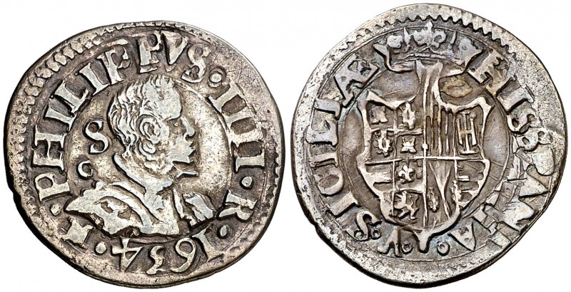 1634. Felipe IV. Nápoles. S/C-M. 1 carlino. (Vti. 307) (MIR. 252/2). 2,81 g. Bue...