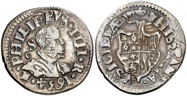 1634. Felipe IV. Nápoles. S/C-M. 1 carlino. (Vti. 307) (MIR. 252/2). 2,81 g. Buen ejemplar. Rara así. MBC+.