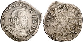 1627. Felipe IV. Messina. I-P. 4 tari. (Vti. 175) (MIR. 355/7). 8,91 g. Rayitas en reverso. Ex Colección Rocaberti, Áureo 19/05/1992, nº 450. Ex Colec...