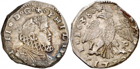 1638. Felipe IV. Messina. I-P. 4 tari. (Vti. 179) (MIR. 355/11). 10,49 g. Bonita pátina. MBC+.