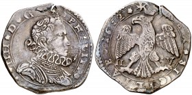 1652. Felipe IV. Messina. IL-V. 4 tari. (Vti. 198) (MIR. 355/27). 9,53 g. Grieta. Pátina. Única fecha de este ensayador. MBC.