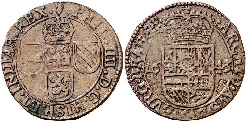 1643. Felipe IV. Amberes. 1 liard. (Vti. 429) (Vanhoudt 653.AN). 3,70 g Buen eje...