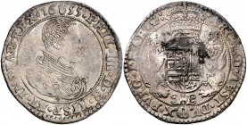 1655. Felipe IV. Amberes. 1 ducatón. (Vti. 1243) (Vanhoudt 642.AN). 32,50 g. Incrustaciones en reverso. Parte de brillo original. (MBC+).