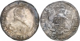1665. Felipe IV. Amberes. 1 ducatón. (Vti. 1253) (Vanhoudt 642.AN). 32,77 g. Bella. Precioso color. Ex Áureo 29/10/1992, nº 296. Rara así. EBC.