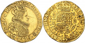 1637. Felipe IV. Amberes. Doble soberano. (Vti. 1527) (Vanhoudt 636.AN). 10,87 g. Rayitas en anverso. Bella. Parte de brillo original. Rara. EBC-/EBC.