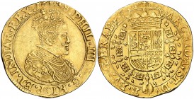 1638. Felipe IV. Amberes. Doble soberano. (Vti. 1528, error foto) (Vanhoudt 637.AN). 11,04 g. Bella. Precioso color. Ex Áureo 31/03/1992, nº 360. Rara...