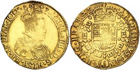 1647. Felipe IV. Amberes. Doble soberano. (Vti. 1537, error foto) (Vanhoudt 637.AN). 11 g. Limpiada. Ex UBS 13/09/1995, nº 1214. Fecha rara. MBC+.